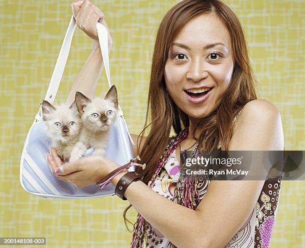 woman holding purse with siamese kittens - blue purse stock pictures, royalty-free photos & images