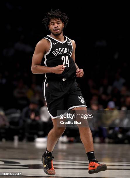 Cam Thomas of the Brooklyn Nets celebrates his three point shot in the second half against the San Antonio Spurs at Barclays Center on February 10,...