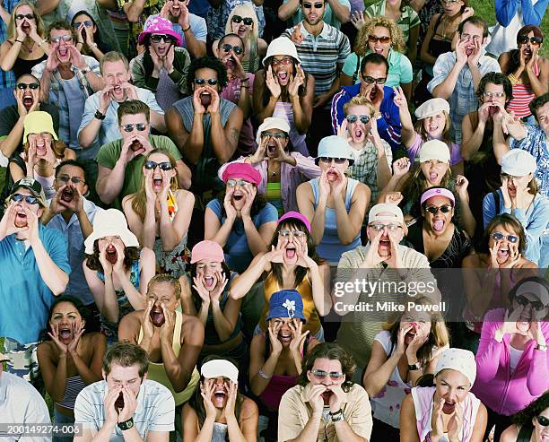 crowd of young adults yelling, portrait, elevated view - yelling stock pictures, royalty-free photos & images