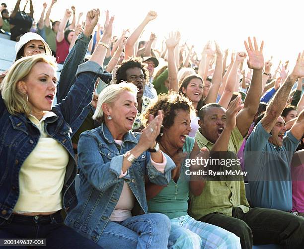 crowd cheering in stadium - woman stands in crowd stock pictures, royalty-free photos & images