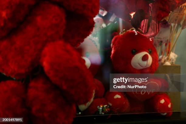 Valentine's Day decorations are being displayed on a city street in Krakow, Poland, on February 12.