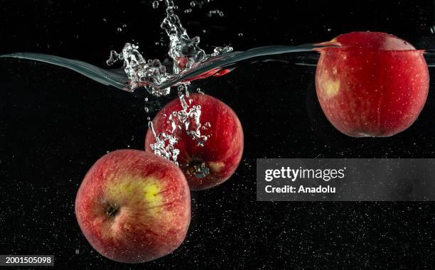 Apples are seen after splashing in water in Ankara, Turkiye on February 07, 2024.