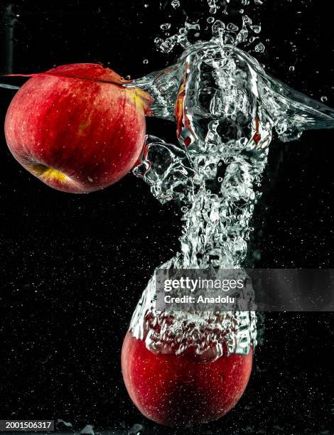 Apples are seen after splashing in water in Ankara, Turkiye on February 07, 2024.