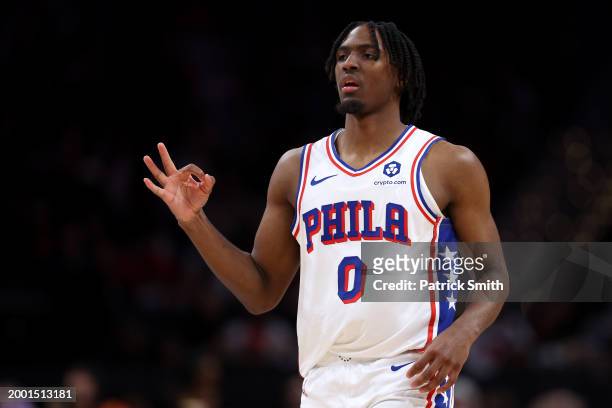 Tyrese Maxey of the Philadelphia 76ers celebrates after scoring a three-pointer against the Washington Wizards during the second half at Capital One...