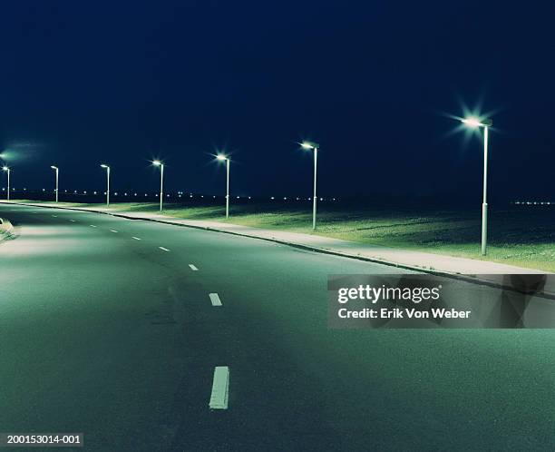 empty road and streetlights at night - citylight stockfoto's en -beelden