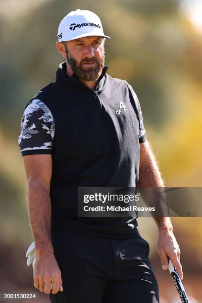 Captain Dustin Johnson of 4Aces GC looks on during day three of the LIV Golf Invitational - Las Vegas at Las Vegas Country Club on February 10, 2024...