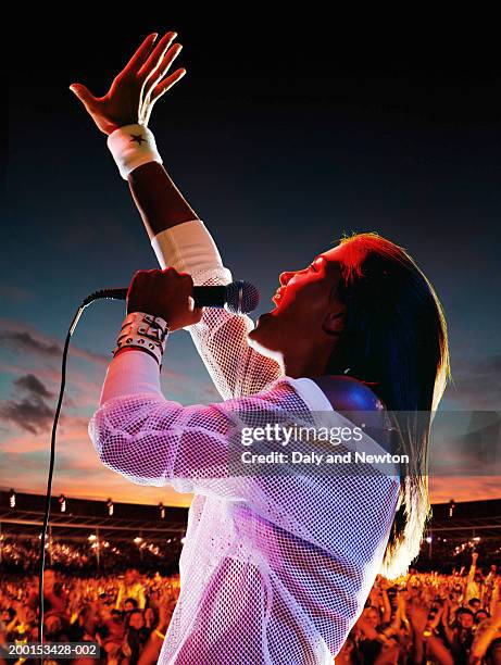 woman singing, holding microphone, arm raised, crowd in background - pop musician stock pictures, royalty-free photos & images