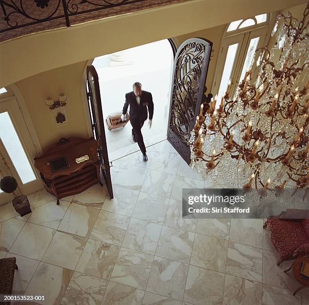 hotel attendant carrying luggage inside, elevated view - day california arrivals stockfoto's en -beelden