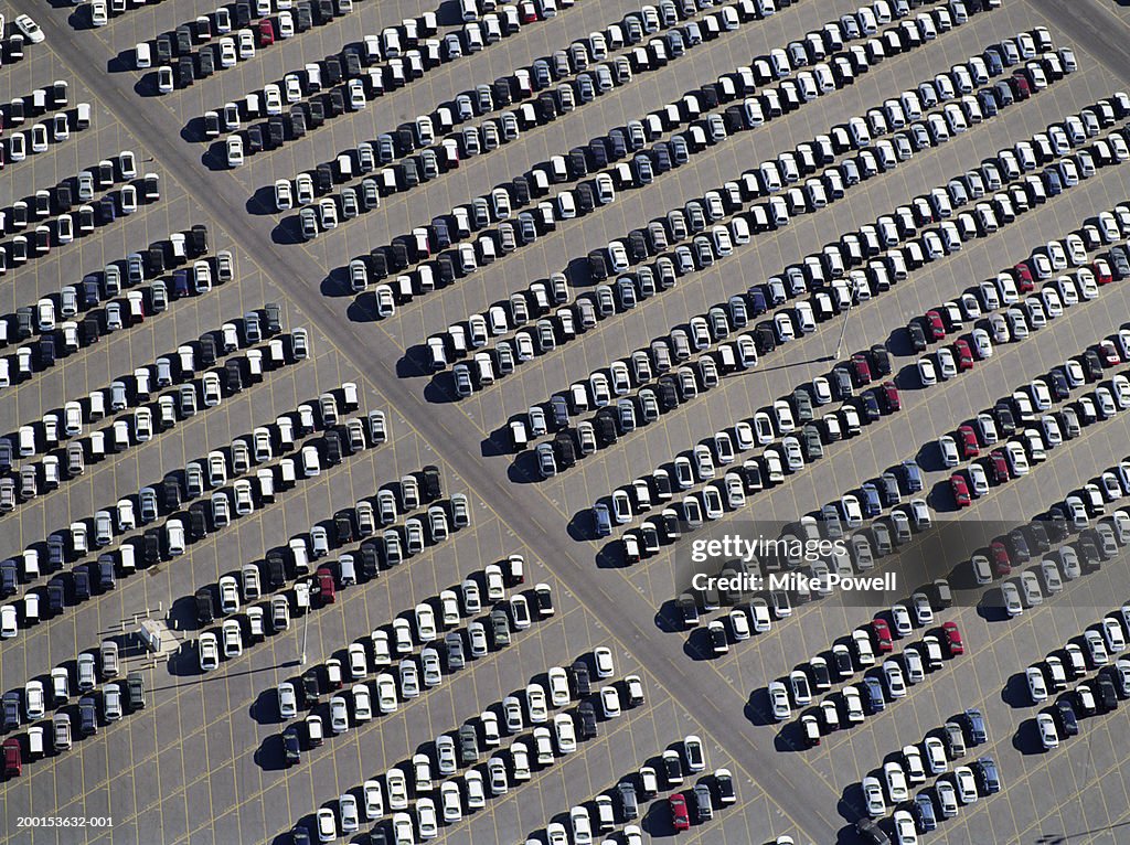 USA, California, Long Beach, aerial view of new cars in port