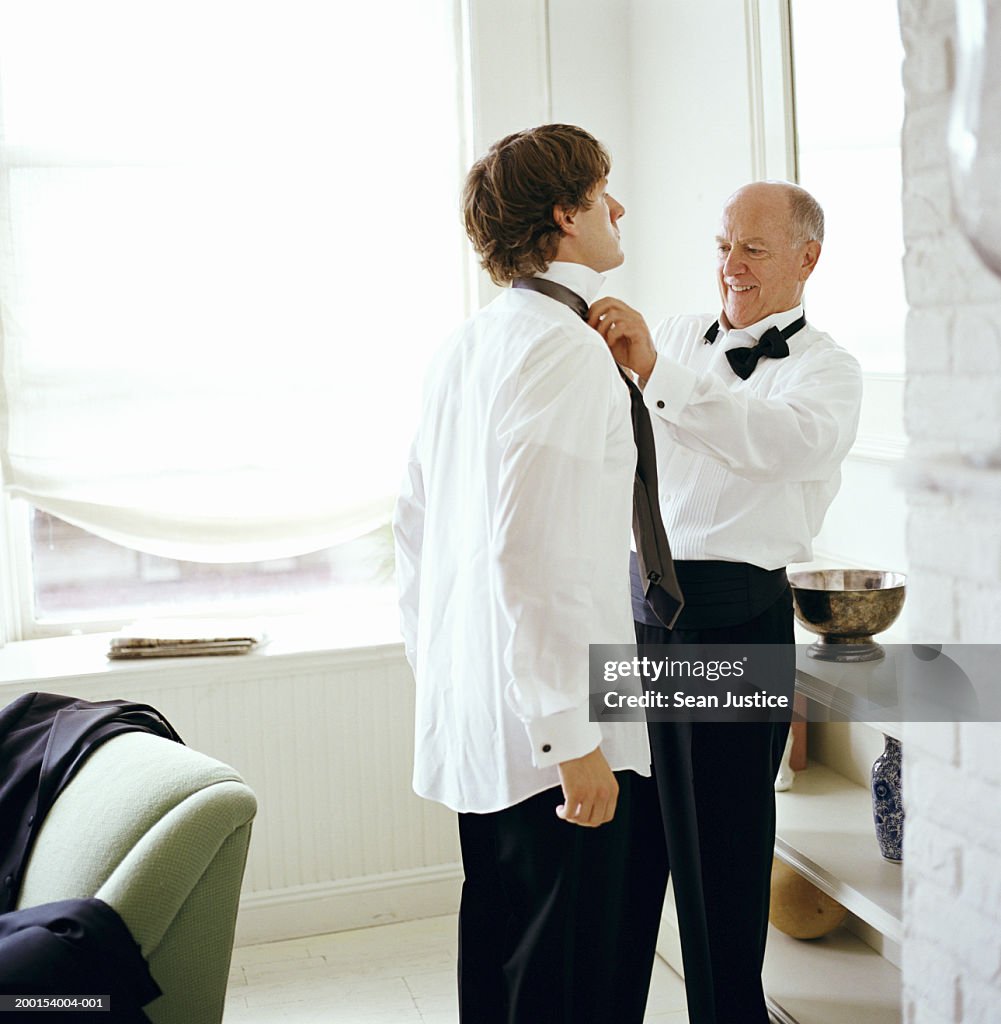 Father fixing son's tie  before wedding