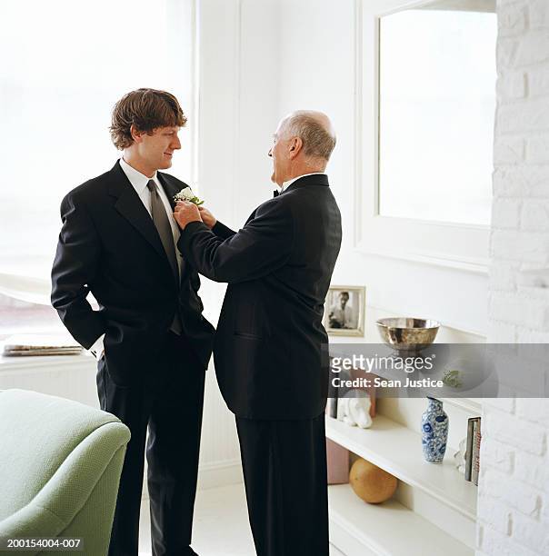 father fixing flower on son's suit before wedding - adjusting suit stock pictures, royalty-free photos & images
