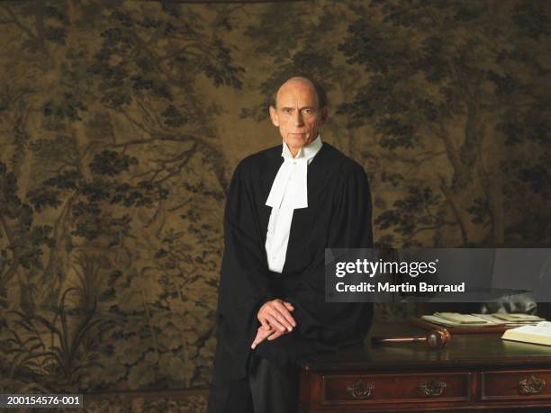 mature male judge perched on edge of desk, portrait - ceremonieel gewaad stockfoto's en -beelden