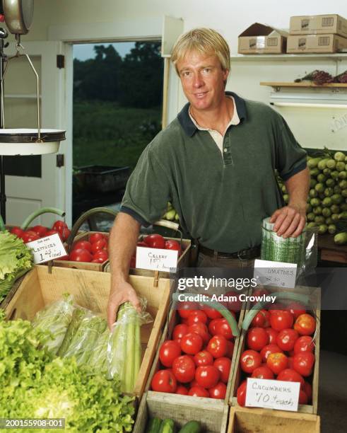 mature man working at produce stand, portrait - multi platinum selling stock pictures, royalty-free photos & images