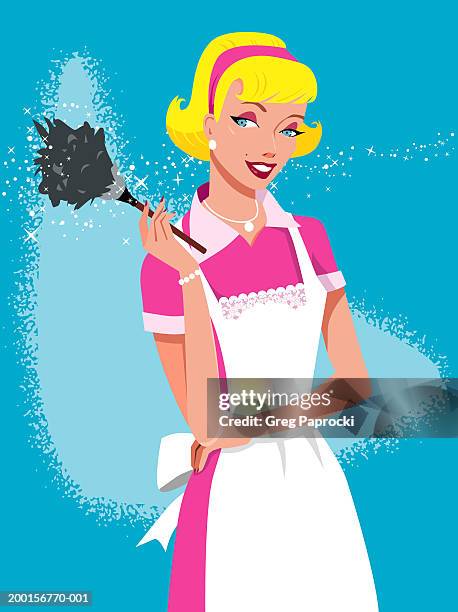 woman holding feather duster - blue eyes stock-grafiken, -clipart, -cartoons und -symbole