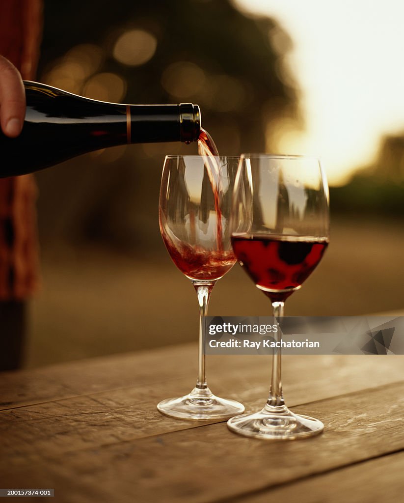 Hand pouring red wine into glass