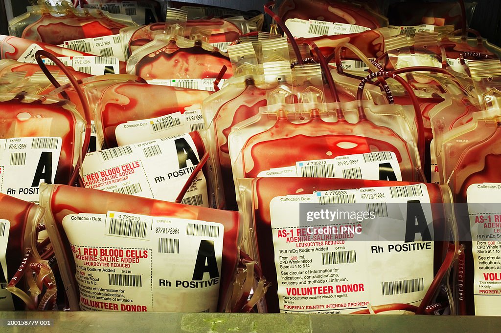 Blood bags filled with blood, close-up