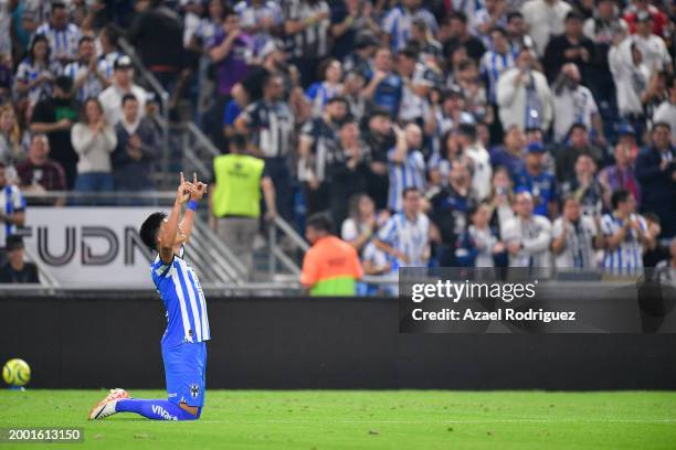 Jesús Gallardo of Monterrey celebrates after scoring the team's first goal during the 6th round match between Monterrey and Pachuca as part of the...