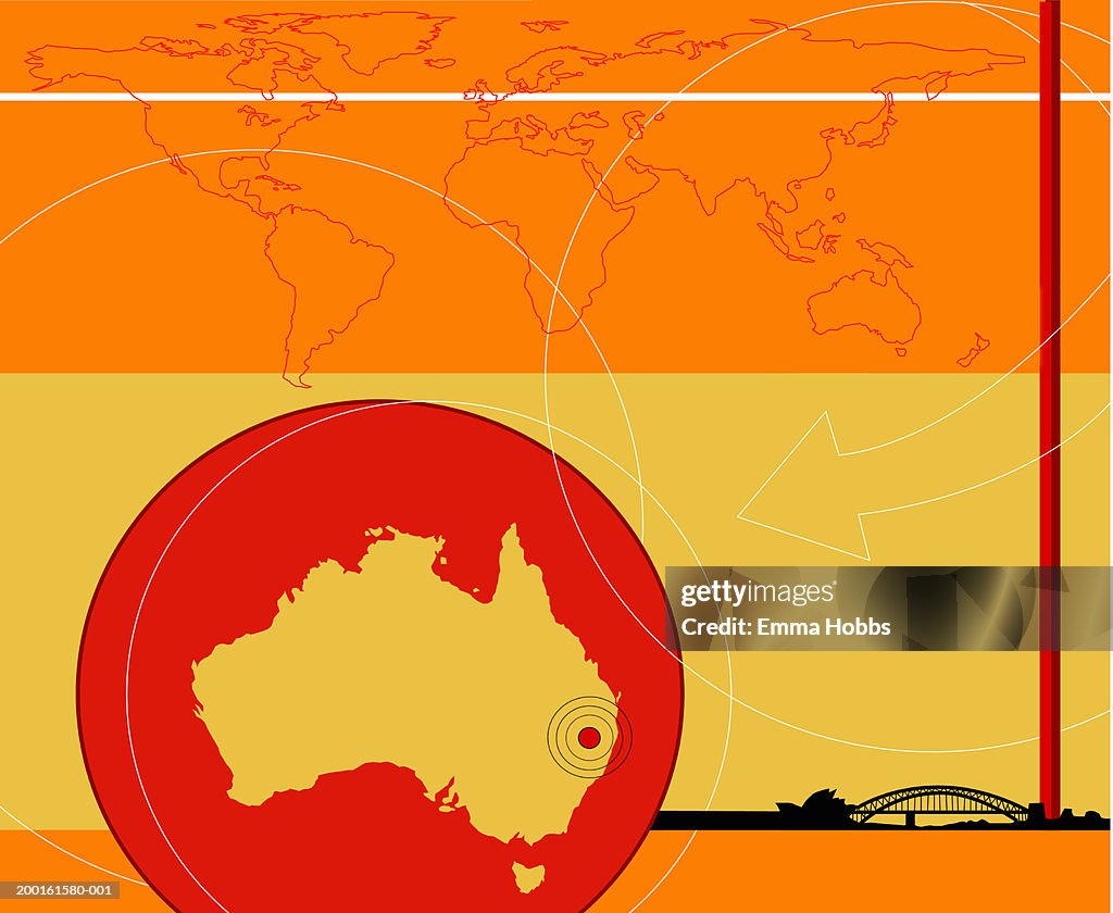 Map of Australia, world map and Sydney Harbour Bridge in background