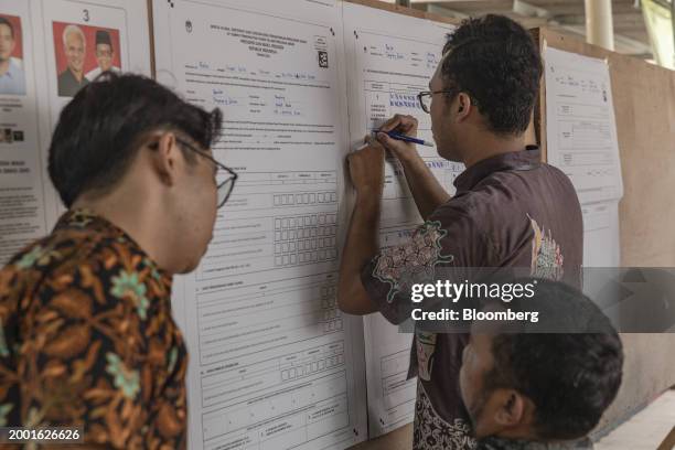 Electoral officials count ballots at a polling station in South Tangerang, Banten, Indonesia, on Wednesday, Feb. 14, 2024. Indonesia's Defense...