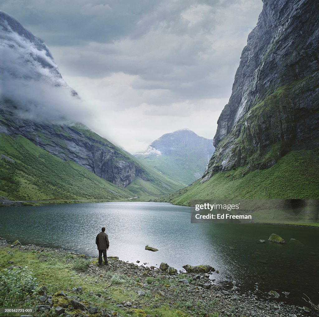 Norway, Norangsdalen Chasm, man looking at scenery, rear view