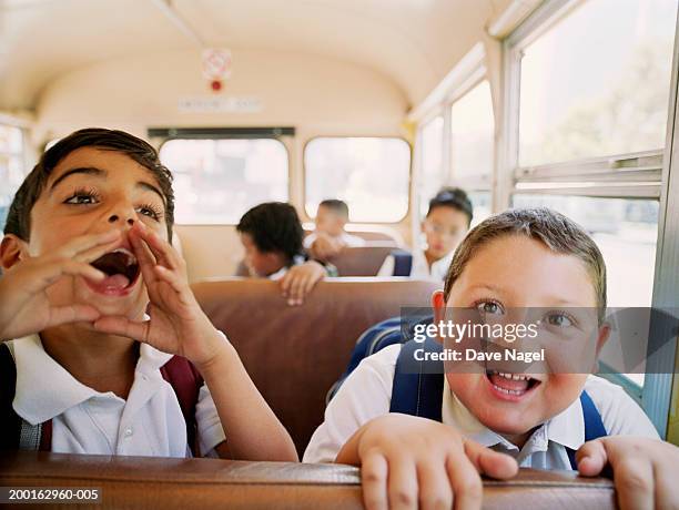 group of kids (6-8) having fun on school, portrait - school bus fotografías e imágenes de stock