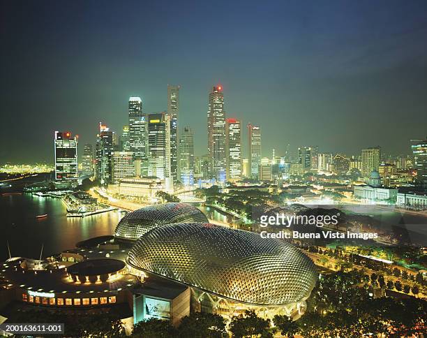 singapore, skyline and esplanade theater at night - travel12 stock pictures, royalty-free photos & images