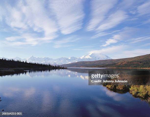 usa, alaska, denali national park, mt. mckinley and wonder lake, dawn - 巻雲 ストックフォトと画像