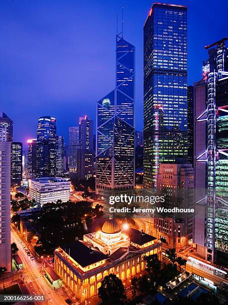 china, hong kong, central district, cityscape at dusk, elevated view - travel12 stock pictures, royalty-free photos & images