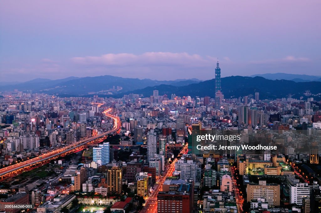 Taiwan, Taipei, cityscape at sunset, elevated view