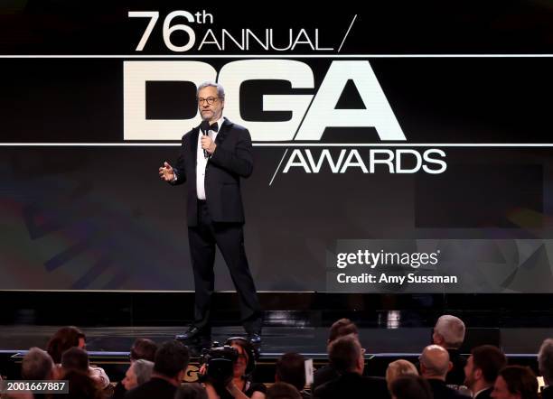 Host Judd Apatow speaks onstage during the 76th Directors Guild of America Awards at The Beverly Hilton on February 10, 2024 in Beverly Hills,...