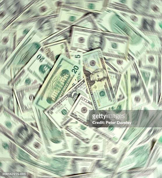 dollar notes overlaid, spinning (blurred motion) - banconota da 20 dollari statunitensi foto e immagini stock