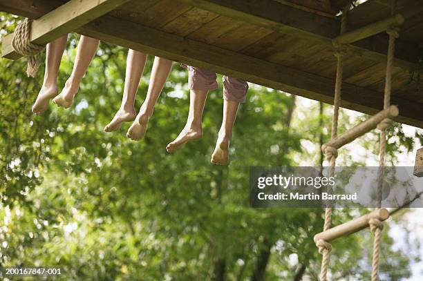 three children (9-12) sitting at edge of treehouse, low section - tree house stock-fotos und bilder