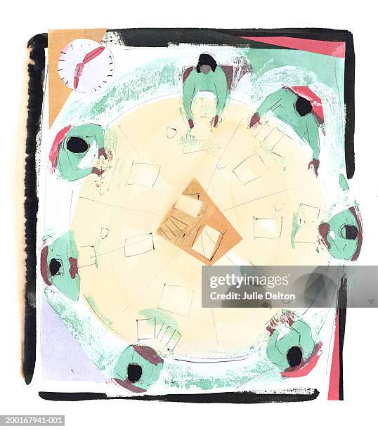 group of executives in business meeting, overhead view - round table discussion stock-grafiken, -clipart, -cartoons und -symbole