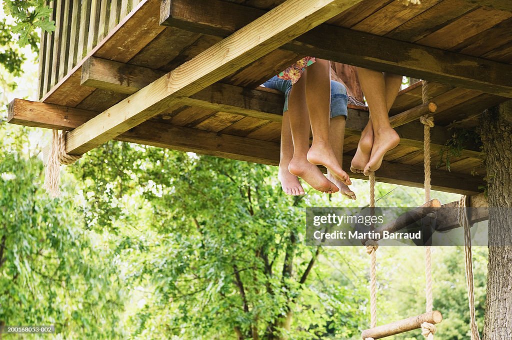 Three girls (9-11) sitting in treehouse, low section, low angle view