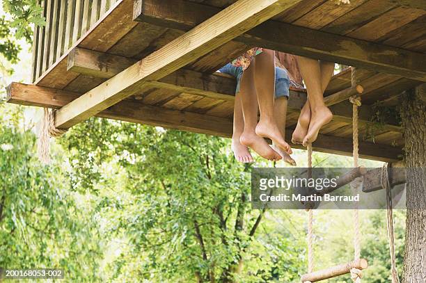 three girls (9-11) sitting in treehouse, low section, low angle view - tree house bildbanksfoton och bilder