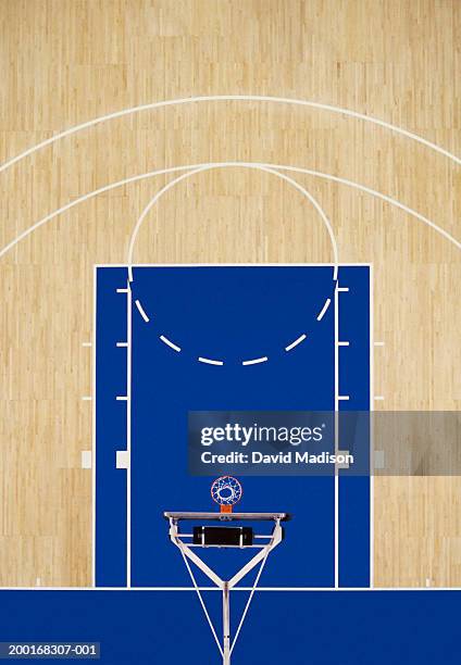 indoor basketball court, overhead view - basketball on court stock-fotos und bilder