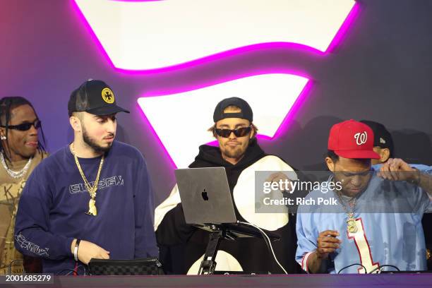 Travis Scott, Zack Bia, Justin Bieber, and Chase B onstage during Michael Rubin’s 2024 Fanatics Super Bowl Party at the Marquee Nightclub at The...