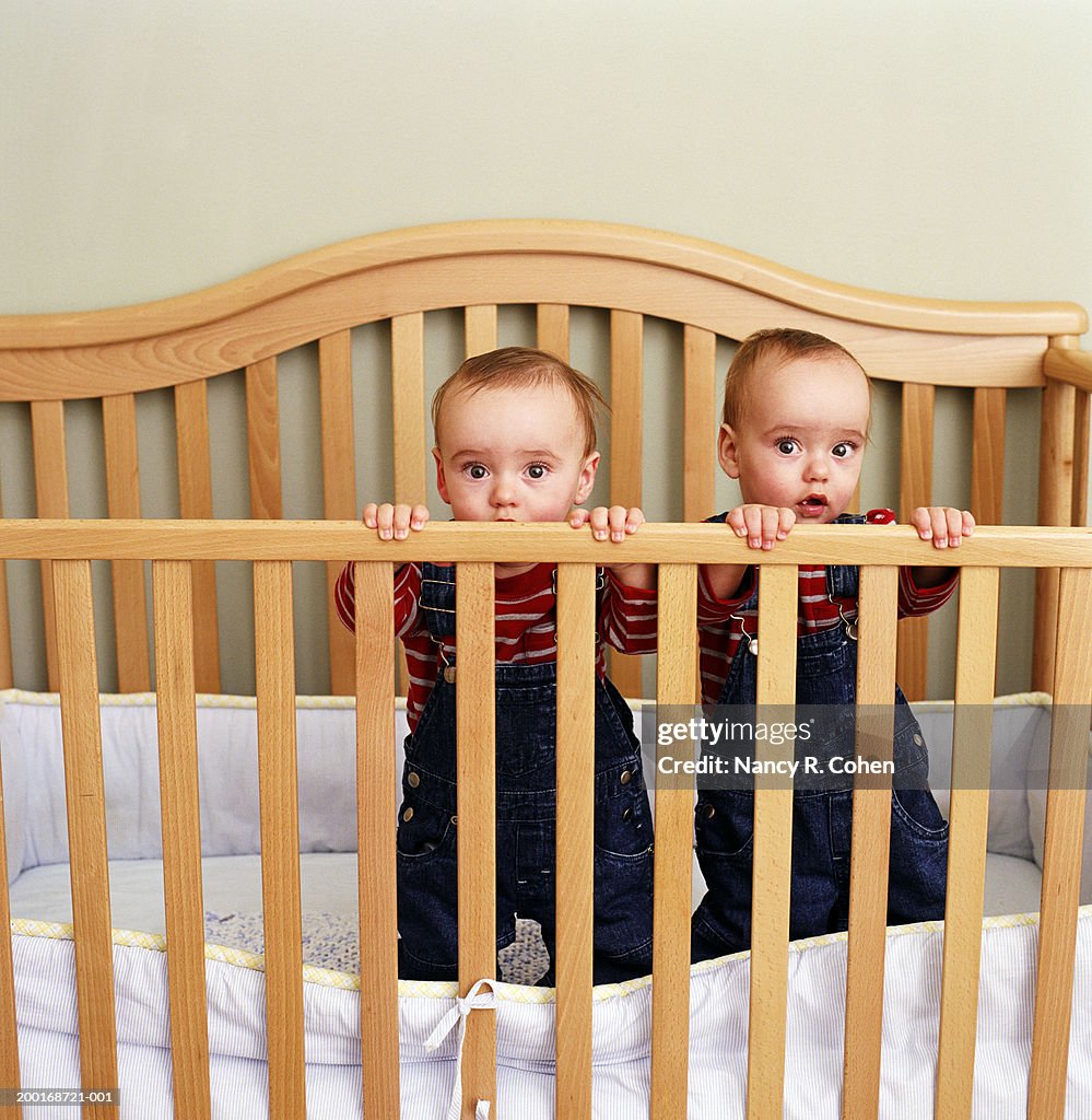 Identical twin baby boys (9-12 months) standing in crib, portrait