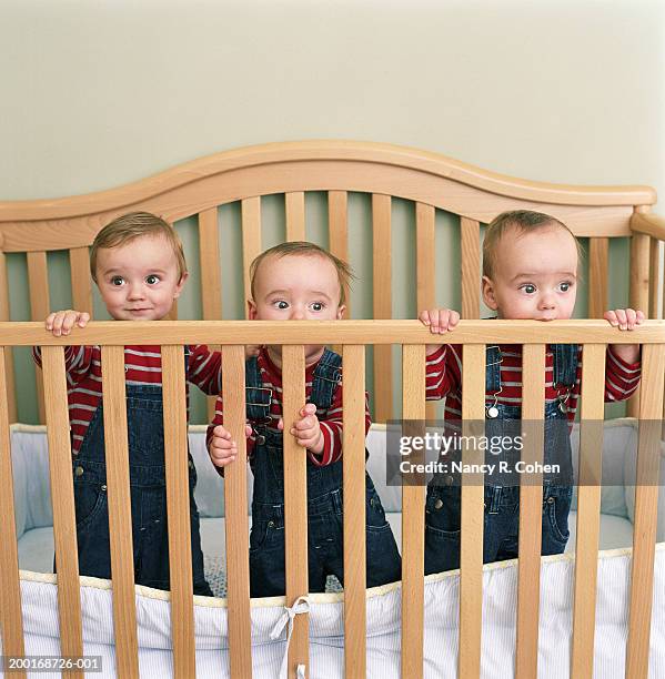 triplet baby boys (9-12 months) standing in crib - triplets stock pictures, royalty-free photos & images
