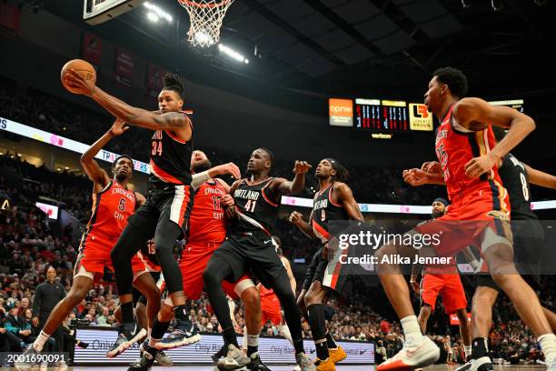 Jabari Walker of the Portland Trail Blazers controls the rebound during the third quarter of the game against the New Orleans Pelicans at the Moda...