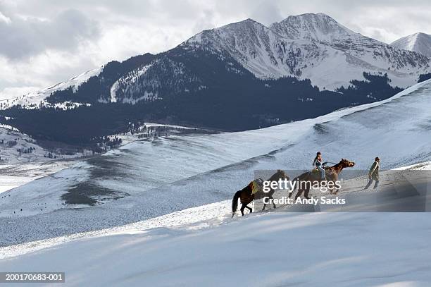 father leading horses and daughter (12-14) up snow covered mountain - enable horse stock-fotos und bilder