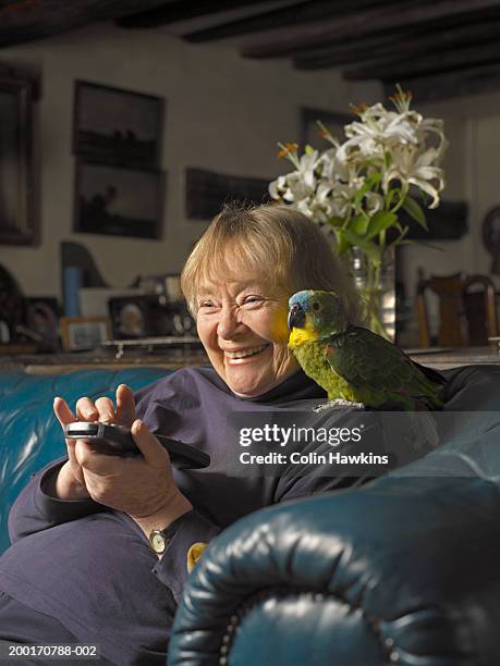senior woman using remote control, parrot perched on shoulder - stoneplus9 ストックフォトと画像