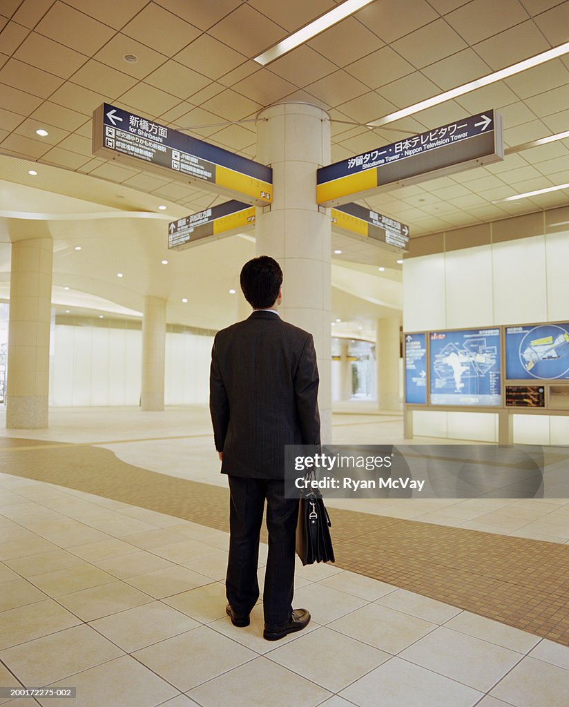 Businessman looking at directional signs in subway station, rear view