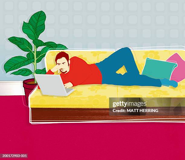 man lying on sofa, using laptop - lying sofa stock illustrations