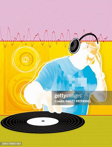 dj wearing headset mixing record (sepia tone) - man record player stock illustrations