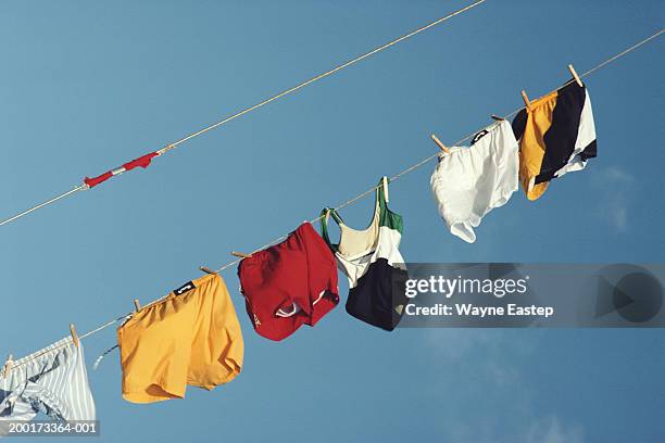 underwear on washing line, low angle view - corde à linge photos et images de collection