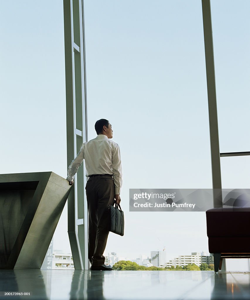 Businessman looking out office window, rear view, low angle view