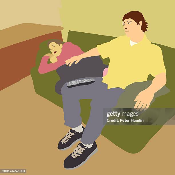 couple lying on couch, watching television - man remote control stock illustrations