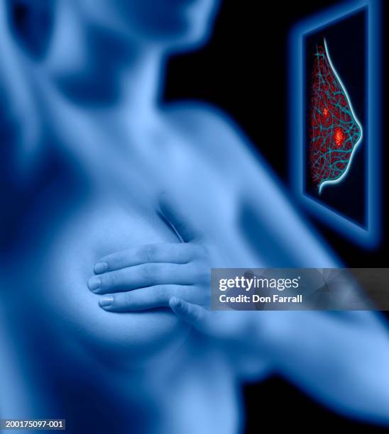 woman examining her breast, simulated breast scan (digital composite) - mammogram stock illustrations