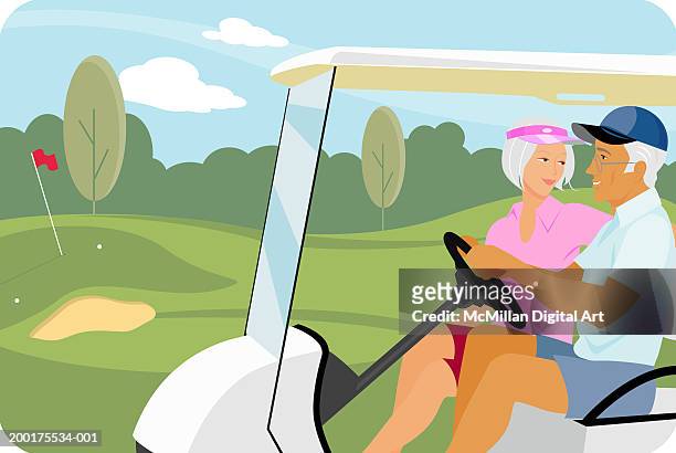 senior man and woman riding in golf cart, side view - sun visor stock illustrations